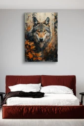 Yapraklar Arasındaki Yalnız Kurt Yağlı Kanvas Tablo thumbnail 3