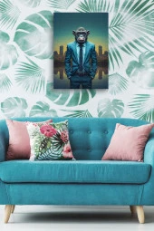 Takım Elbiseli Maymun Metropol Yağlı Kanvas Duvar Tablosu thumbnail 5