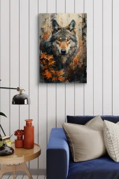 Yapraklar Arasındaki Yalnız Kurt Yağlı Kanvas Tablo thumbnail 4