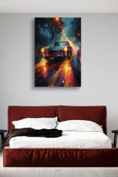 Gece Işıkları Detaylı Retro Araba Yağlı Kanvas Tablo thumbnail 3