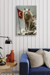 Arkasında Türk Bayraklı Beyaz Kurt Yağlı Kanvas Tablo thumbnail 3