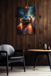 Gece Işıkları Detaylı Retro Araba Yağlı Kanvas Tablo thumbnail 5