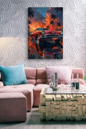 Gün Batımı Detaylı Retro Araba Yağlı Kanvas Tablo thumbnail 6