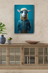 Modernist Mavi Deri Ceket Giymiş Koyun Yağlı Kanvas Tablo - 1