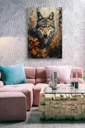 Yapraklar Arasındaki Yalnız Kurt Yağlı Kanvas Tablo thumbnail 7