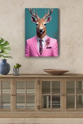Pembe Takım Elbiseli Geyik Yağlı Kanvas Tablo thumbnail 1