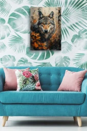 Yapraklar Arasındaki Yalnız Kurt Yağlı Kanvas Tablo thumbnail 5