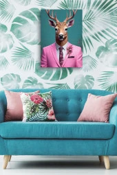 Pembe Takım Elbiseli Geyik Yağlı Kanvas Tablo thumbnail 5