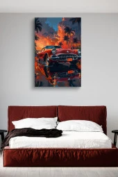 Gün Batımı Detaylı Retro Araba Yağlı Kanvas Tablo thumbnail 2