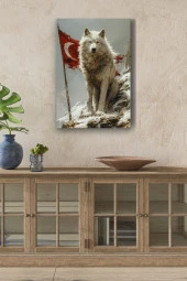 Arkasında Türk Bayraklı Beyaz Kurt Yağlı Kanvas Tablo thumbnail 1