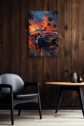 Gün Batımı Detaylı Retro Araba Yağlı Kanvas Tablo thumbnail 5