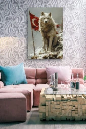 Arkasında Türk Bayraklı Beyaz Kurt Yağlı Kanvas Tablo thumbnail 6