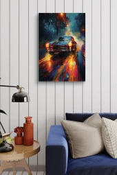 Gece Işıkları Detaylı Retro Araba Yağlı Kanvas Tablo thumbnail 4
