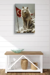 Arkasında Türk Bayraklı Beyaz Kurt Yağlı Kanvas Tablo thumbnail 2