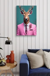Pembe Takım Elbiseli Geyik Yağlı Kanvas Tablo thumbnail 4