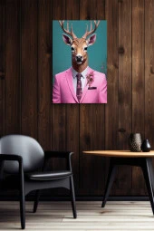Pembe Takım Elbiseli Geyik Yağlı Kanvas Tablo thumbnail 6