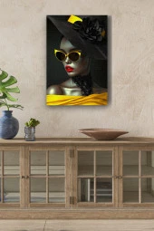 Modernist Sarı ve Siyah Detaylı Kadın Portre Yağlı Kanvas Tablo thumbnail 1