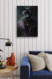 Modernist Kıyafet Giymiş Siyah Leopar Yağlı Kanvas Tablo thumbnail 3
