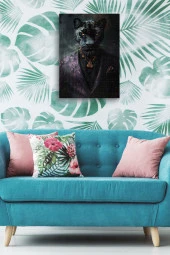 Modernist Kıyafet Giymiş Siyah Leopar Yağlı Kanvas Tablo thumbnail 4