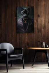 Modernist Kıyafet Giymiş Siyah Leopar Yağlı Kanvas Tablo thumbnail 5