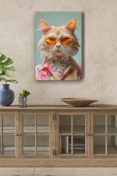 Modernist Kıyafet Giymiş Kedi Yağlı Kanvas Tablo thumbnail 1