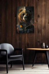 İki Renk Detaylı Kıyafet Giymiş Boz Ayı Yağlı Kanvas Tablo thumbnail 6