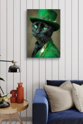 Modernist Kıyafet Giymiş Siyah Kedi Yağlı Kanvas Tablo thumbnail 3