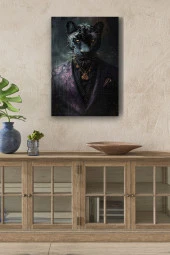 Modernist Kıyafet Giymiş Siyah Leopar Yağlı Kanvas Tablo thumbnail 1