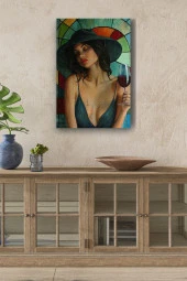 Şarap İçen Kadın Portre Yağlı Kanvas Tablo thumbnail 1