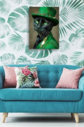 Modernist Kıyafet Giymiş Siyah Kedi Yağlı Kanvas Tablo thumbnail 4