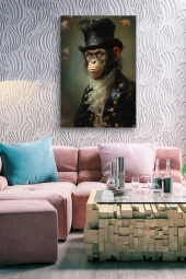 Modernist Nostalji Detaylı Maymun Portre Yağlı Kanvas Tablo thumbnail 7