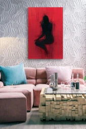 Kırmızı Duvar Önündeki Siyah Silüet Yağlı Kanvas Tablo thumbnail 6