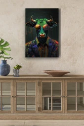 Renkli Tasarım Kıyafet Giymiş Boğa Portre Yağlı Kanvas Tablo thumbnail 1