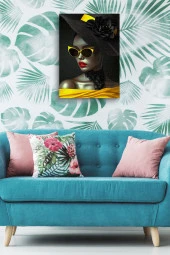 Modernist Sarı ve Siyah Detaylı Kadın Portre Yağlı Kanvas Tablo thumbnail 4