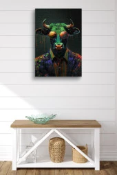 Renkli Tasarım Kıyafet Giymiş Boğa Portre Yağlı Kanvas Tablo thumbnail 2