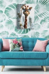 Gözlüklü Gülen Zürafa Çocuk Odası Yağlı Kanvas Tablo thumbnail 4