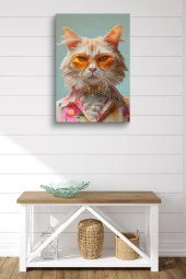 Modernist Kıyafet Giymiş Kedi Yağlı Kanvas Tablo thumbnail 2