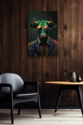 Renkli Tasarım Kıyafet Giymiş Boğa Portre Yağlı Kanvas Tablo thumbnail 4