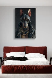 Deri Ceket Giymiş Siyah Köpek Yağlı Kanvas Tablo - 2