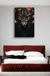 Boynuzları Tahta Görünümlü Geyik Yağlı Kanvas Tablo thumbnail 3