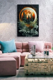 Çam Ağaçları ve Dolunay Detaylı Kabartma Görünümlü Tasarım Yağlı Kanvas Tablo thumbnail 7