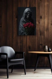 Kırmızı Gülleri Tutan İskelet Yağlı Kanvas Tablo thumbnail 6