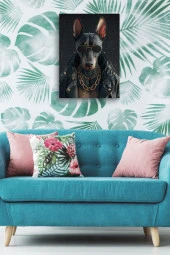 Deri Ceket Giymiş Siyah Köpek Yağlı Kanvas Tablo - 3