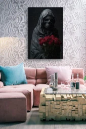 Kırmızı Gülleri Tutan İskelet Yağlı Kanvas Tablo thumbnail 7