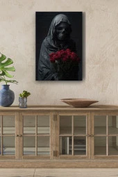 Kırmızı Gülleri Tutan İskelet Yağlı Kanvas Tablo thumbnail 1