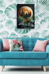 Çam Ağaçları ve Dolunay Detaylı Kabartma Görünümlü Tasarım Yağlı Kanvas Tablo thumbnail 5