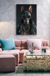 Deri Ceket Giymiş Siyah Köpek Yağlı Kanvas Tablo - 5