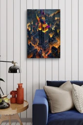 Binalar Arasındaki Gökdelen Yağlı Kanvas Tablo thumbnail 4