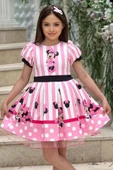 Kız Çocuk Minnie Baskılı Çizgi Detaylı Tüllü Pembe Elbise thumbnail 1