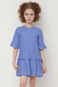 Kız Çocuk Kolu Lastikli Beli Fırfırlı Mavi Elbise thumbnail 1